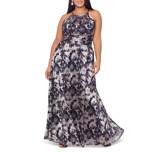 Betsy & Adam. Layla Halter Top Foil Print Gown. -  threedaughtersproperties.com